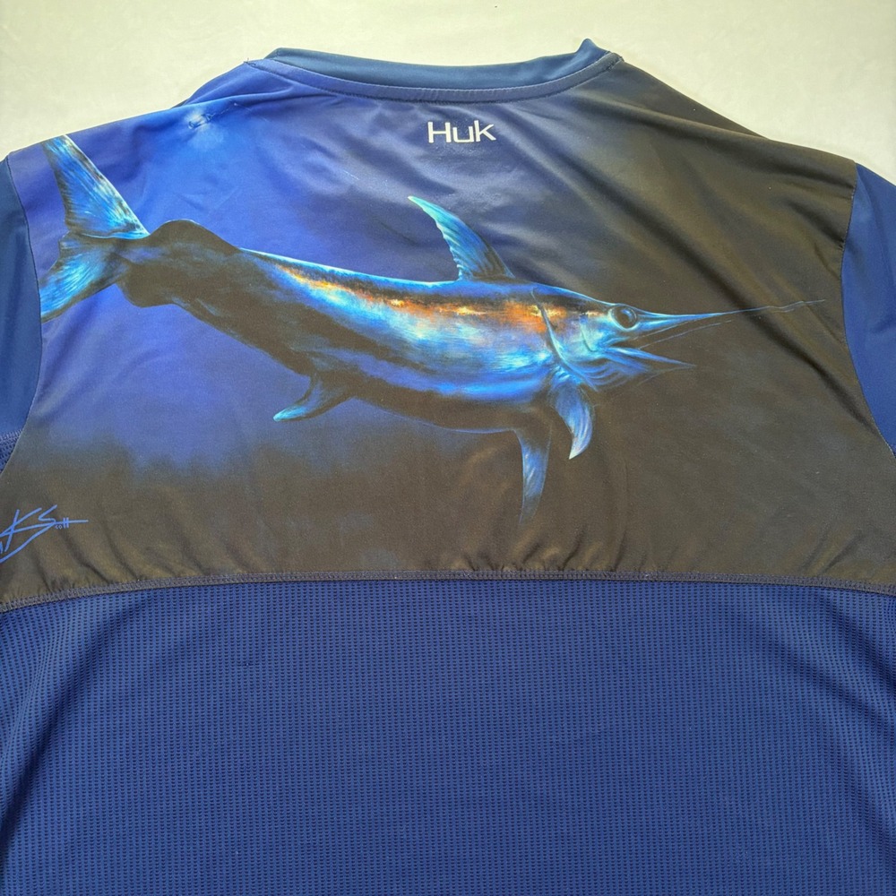 Huk Performance Fishing Shirt Mens XL Navy Blue Marlin Graphic Long Sleeve Tee - Picture 7 of 9